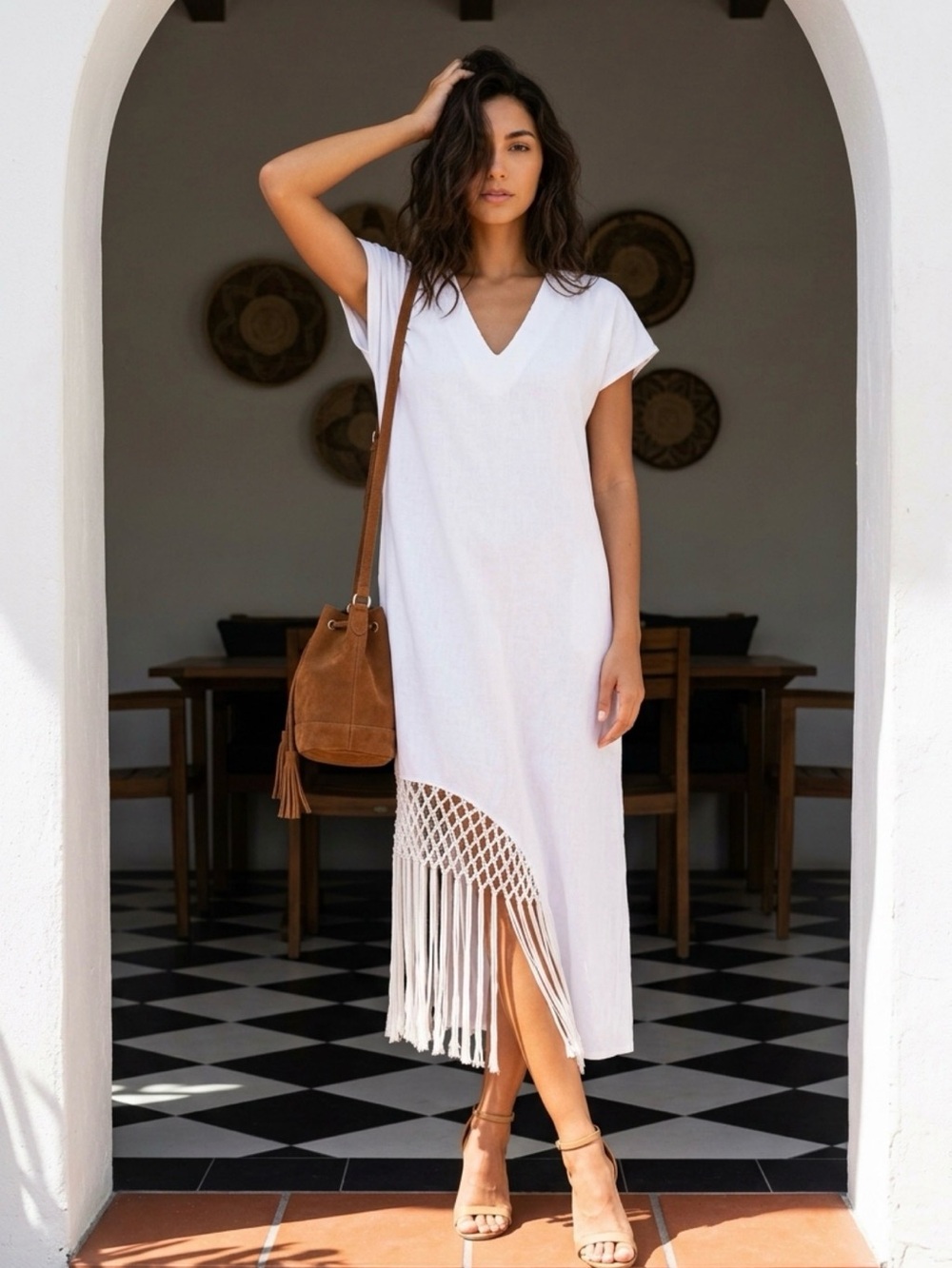 Entro White Midi dress with fringe